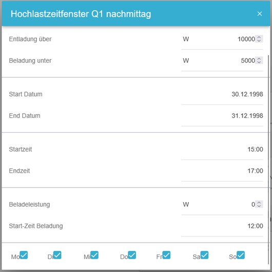 Hochlastzeitfenster — Zweites Zeitfenster-Widget — Konfiguration