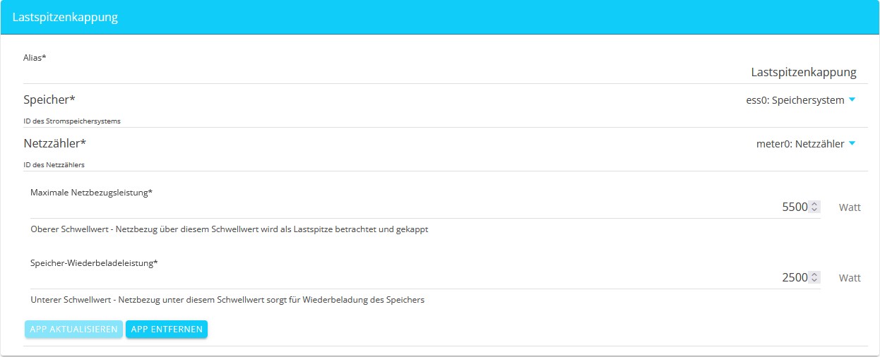 FEMS App Lastspitzenkappung — Einstellungen