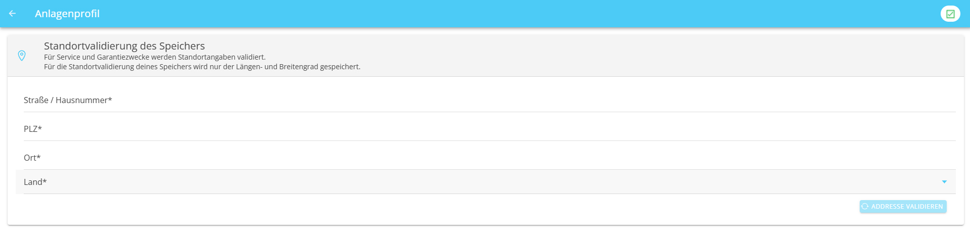 Eingabemaske zur Standort-Validierung