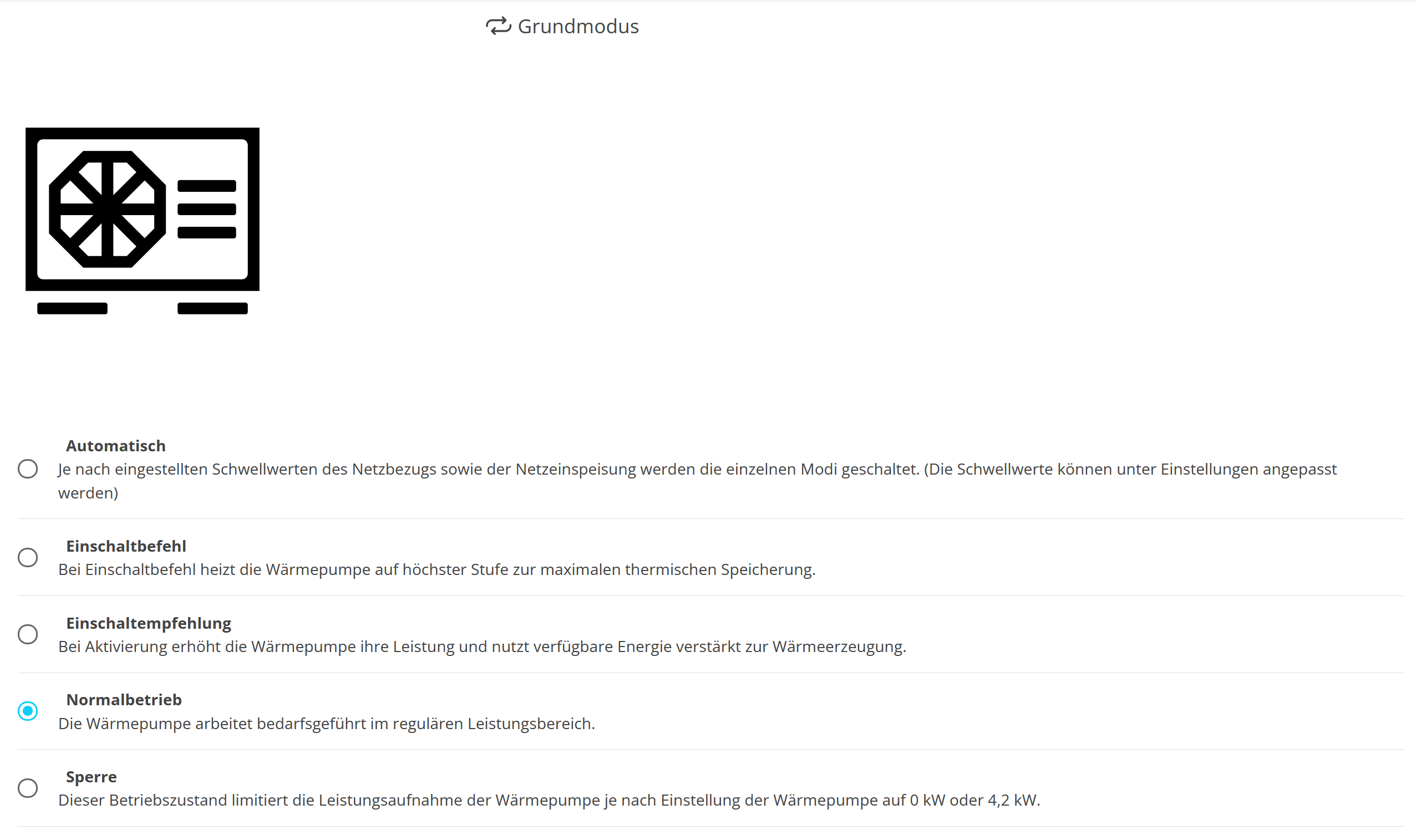 Grundmodus — Hauptfenster der SG-Ready-Wärmepumpe