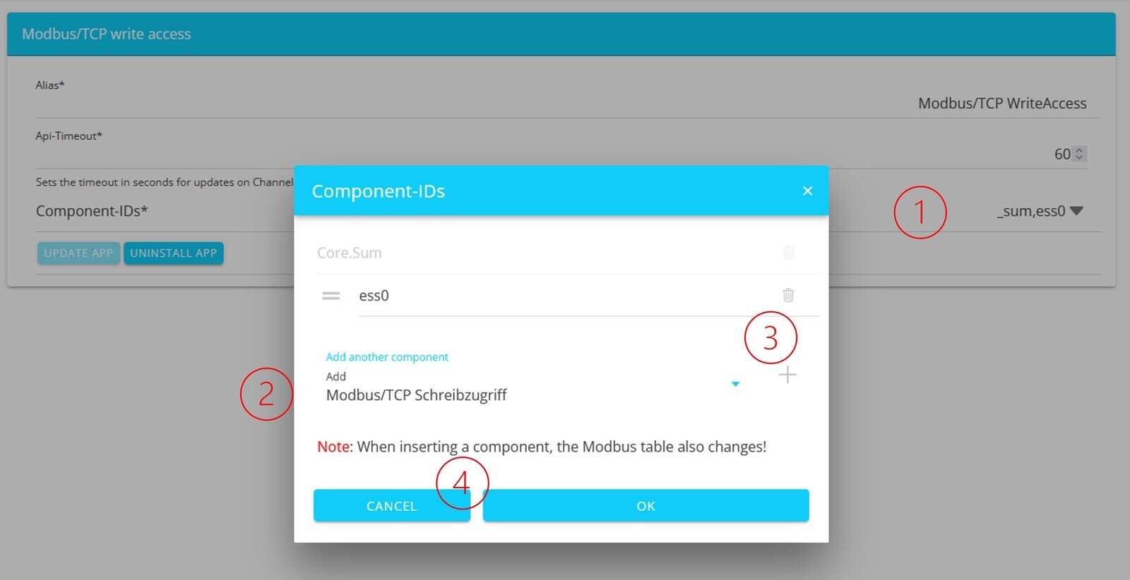 modbus write access add component